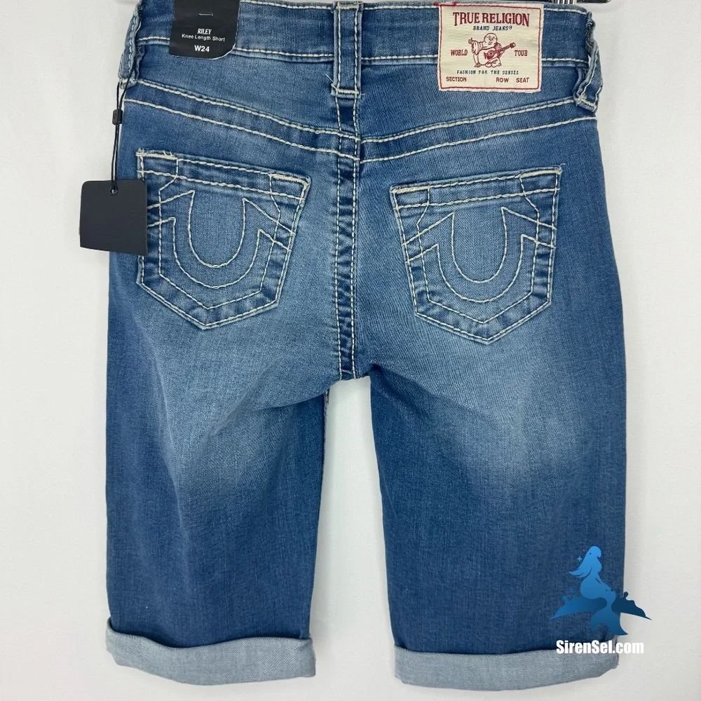 1237 NWT True Religion Riley Knee Length Bermuda Jean Shorts - W24 - Medium Wash